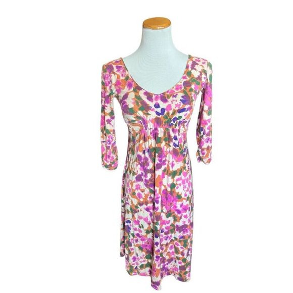 Womens CaBi Multi-Colored Floral Print #110 3/4 Sleeve Jersey Knit Dress Sz XS - Picture 2 of 3